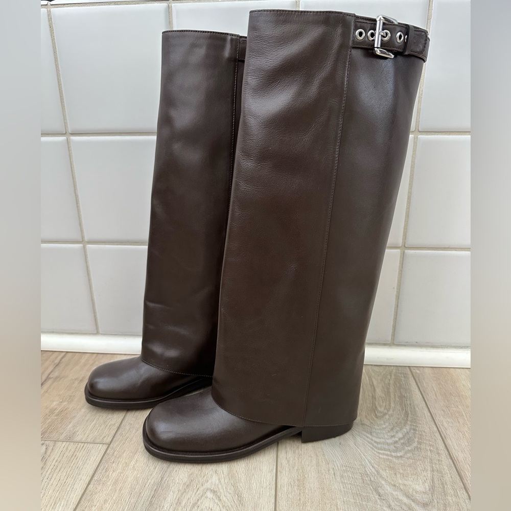 Mango Leather Dark Brown Belted Riding  Boots